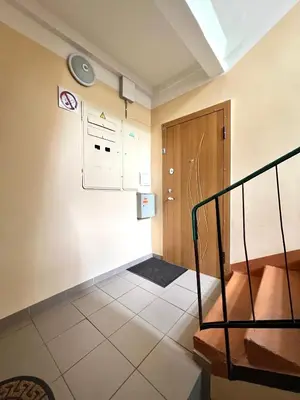 a room with a staircase with a door and a wall at Airida Forest Apartment in Druskininkai