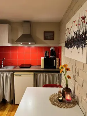 a kitchen with a table with a vase of flowers on it at Little house in Kaunas