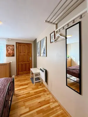 a bedroom with a mirror and a bed and a desk at Little house in Kaunas