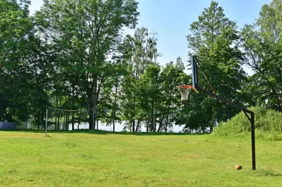 a basketball hoop in a field with trees at Duriu sodyba in Molėtai