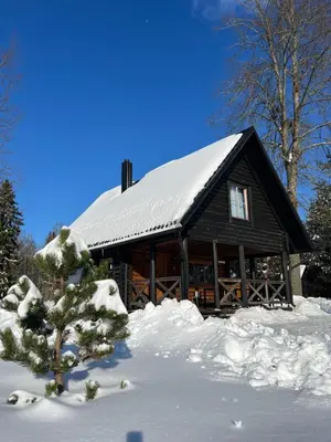 a log cabin with a snow covered roof at Vila Loreta - namelis su pirtimi in Dūdorynė