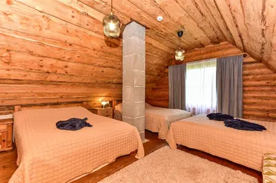 a bedroom with two beds in a log cabin at Vila Loreta - namelis su pirtimi in Dūdorynė