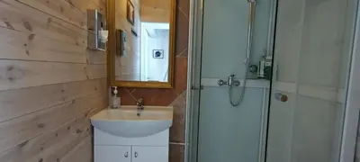 a bathroom with a sink and a shower at Labanoro troba in Labanoras