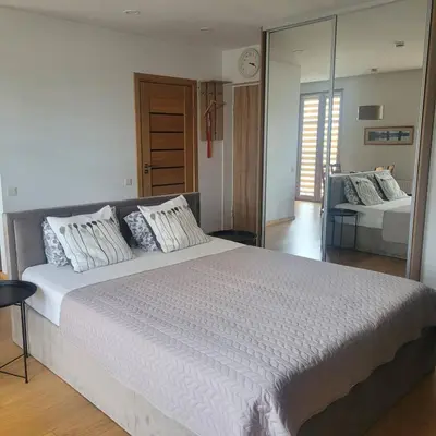 a bedroom with a large bed and a mirror at Apartment Hanna in Druskininkai