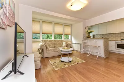 a living room with a couch and a table at Stilingi apartamentai su virtuve Trakų miesto centre in Trakai