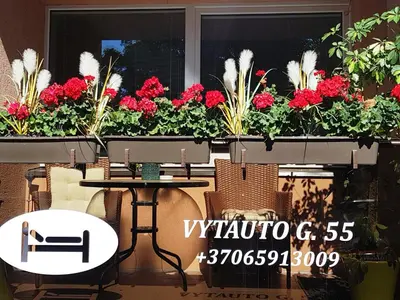 a table and chairs in front of a window with flowers at Stilingi apartamentai su virtuve Trakų miesto centre in Trakai