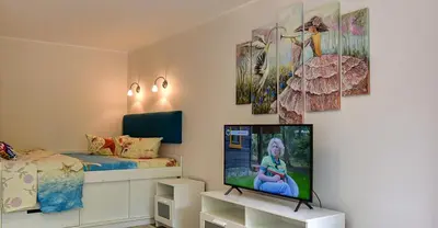 a room with a bed and a tv and a bedroom at Stilingi apartamentai su virtuve Trakų miesto centre in Trakai