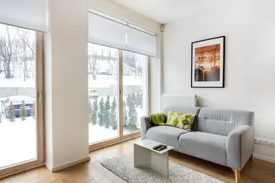 a living room with a couch and a table at #stayhere - Modern Designer 1BDR Apartment in Artistic District in Vilnius