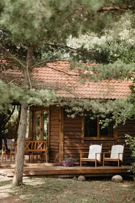 a log cabin with two chairs and a table at Beržų namelis - Birch cabin in Kučiūnai