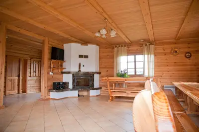 a large room with a fireplace in a log cabin at Adomo Sodyba in Dubingiai