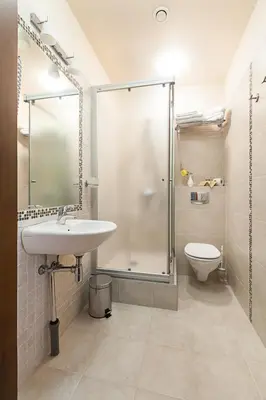 a bathroom with a shower and a sink and a toilet at Conviva in Panevėžys