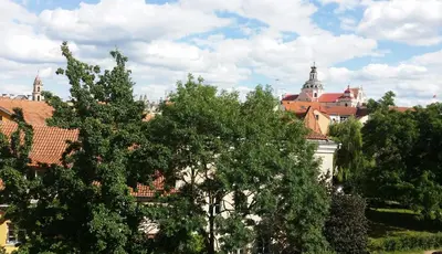 a group of trees with buildings in the background at Old Town Apartment Antokolskio in Vilnius