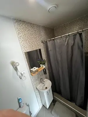 a bathroom with a shower curtain and a sink at Šiauliu apartamentai in Šiauliai