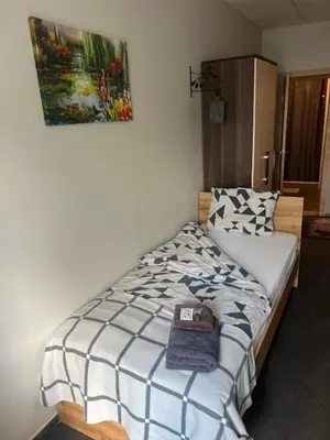 a bed in a room with a painting on the wall at Šiauliu apartamentai in Šiauliai