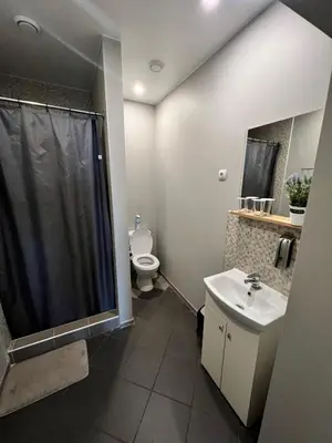 a bathroom with a shower and a toilet and a sink at Šiauliu apartamentai in Šiauliai