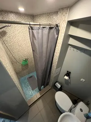 a bathroom with a shower with a toilet and a shower curtain at Šiauliu apartamentai in Šiauliai