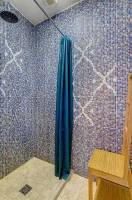 a shower with a blue shower curtain in a bathroom at Spacious Villa with Large Hall in Mindūnai