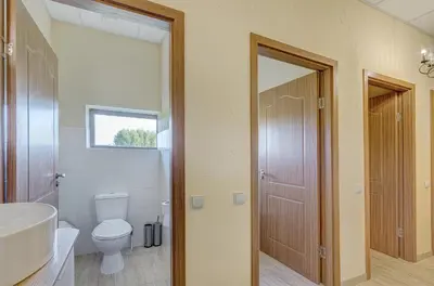 a bathroom with a toilet and a sink and a mirror at Spacious Villa with Large Hall in Mindūnai
