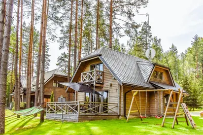 a house in the woods with a playground at Vila Tauragnas in Varniškės I
