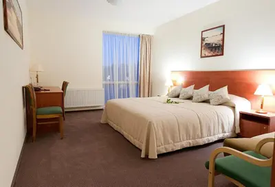 a hotel room with a bed and a desk at Smėlynė in Panevėžys
