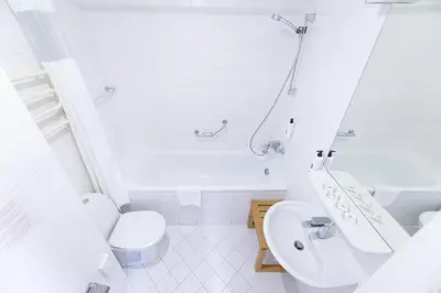 a white bathroom with a toilet and a shower at Regina in Druskininkai