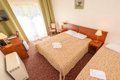 a hotel room with two beds and a desk at Regina in Druskininkai