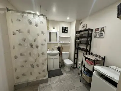 a bathroom with a toilet and a shower curtain at Smiltės apartamentai in Birštonas