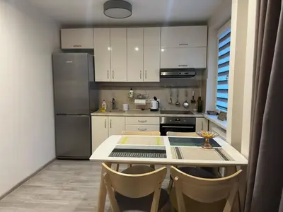 a kitchen with a refrigerator and a table with chairs at Smiltės apartamentai in Birštonas