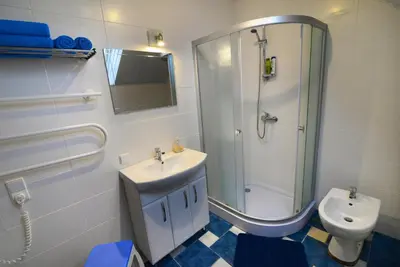 a bathroom with a shower and a sink and a toilet at Apartment 5A in Kaunas