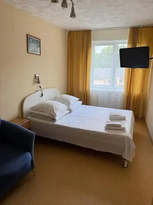 a bedroom with a bed and a tv and a couch at Velga in Vilnius
