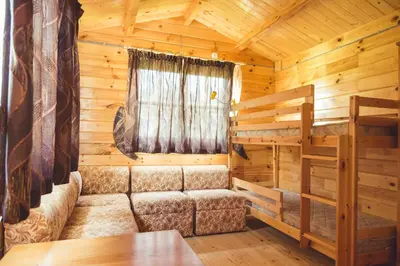 a room with a couch in a log cabin at Pušynėlis in Miežonys