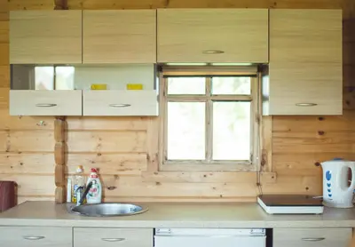 a kitchen with a sink and a window at Pušynėlis in Miežonys
