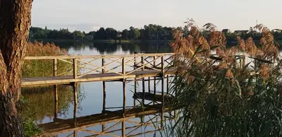 a wooden bridge over a body of water at 2 kambarių apartamentai su virtuve, Trakų miesto centre in Trakai