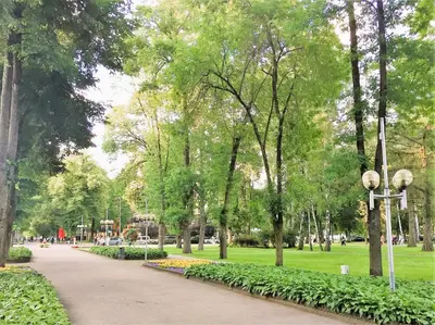 a park with trees and a walkway at Apartment in the City center in Druskininkai