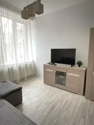 a living room with a flat screen tv on a entertainment center at Taikos Apartmentai 2 in Druskininkai