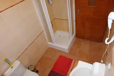 a bathroom with a shower and a toilet and a sink at Hotel Green Smiltynė in Panevėžys