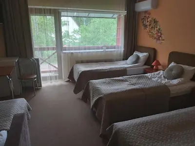 a hotel room with two beds and a window at Hotel Green Smiltynė in Panevėžys