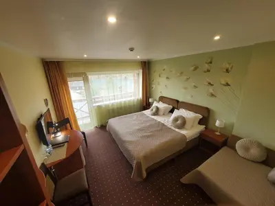 a bedroom with a bed and a desk and a television at Hotel Green Smiltynė in Panevėžys