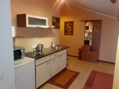 a kitchen with a sink and a microwave at Hotel Green Smiltynė in Panevėžys