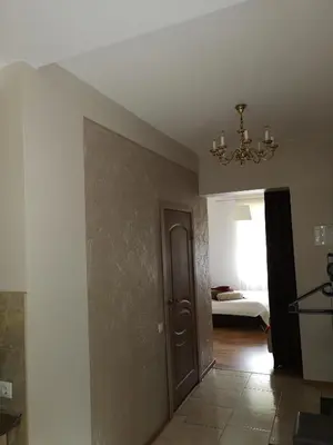 a room with a hallway with a door and a bedroom at Jaukus butas Šiaulių miesto centre in Šiauliai