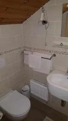 a bathroom with a white toilet and a sink at Home B&B in Kaunas
