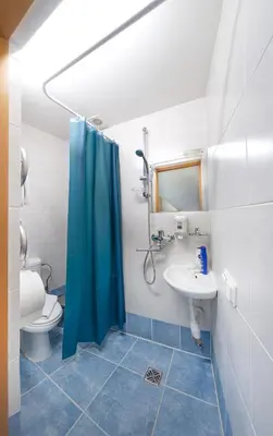 a bathroom with a blue shower curtain and a toilet at Hotel - Bar Grafaite in Šiauliai