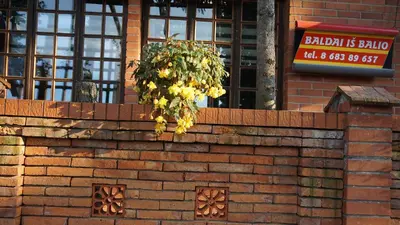 a brick wall with a sign in front of a building at Pas Birute in Kaunas