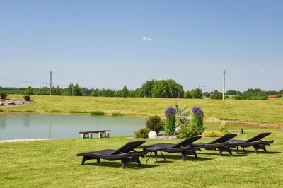 a row of chaise lounges on the grass near a lake at Sodyba Puodžių Kaimas in Mackėnai