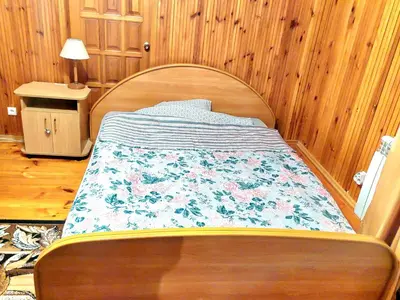 a bed in a room with a wooden wall at Aido ir Jovitos sodyba Jorunas in Kernavė