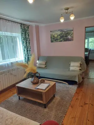 a living room with a green couch and a coffee table at Aido ir Jovitos sodyba Jorunas in Kernavė
