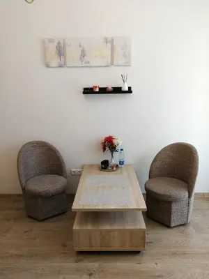 two chairs and a table in a room at Šiauliai City Apartment in Šiauliai