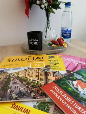a table with magazines and a vase of flowers and a coffee mug at Šiauliai City Apartment in Šiauliai