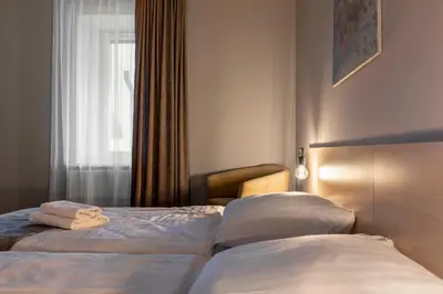a hotel room with two beds and a window at Domus Hotel in Birštonas
