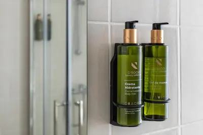 two bottles of soap and a mirror in a bathroom at Domus Hotel in Birštonas